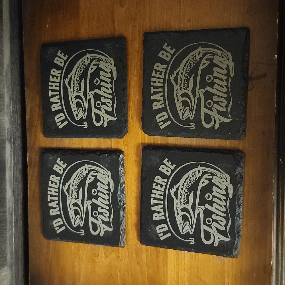 Coasters, Black Slate set of 4 Fishing Themed
